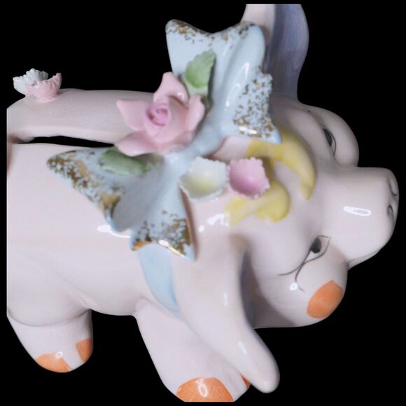 Vintage Lefton Cottagecore Kitsch Ceramic 3D  Flower Pink Pig Piggy Coin Bank - Picture 10 of 12